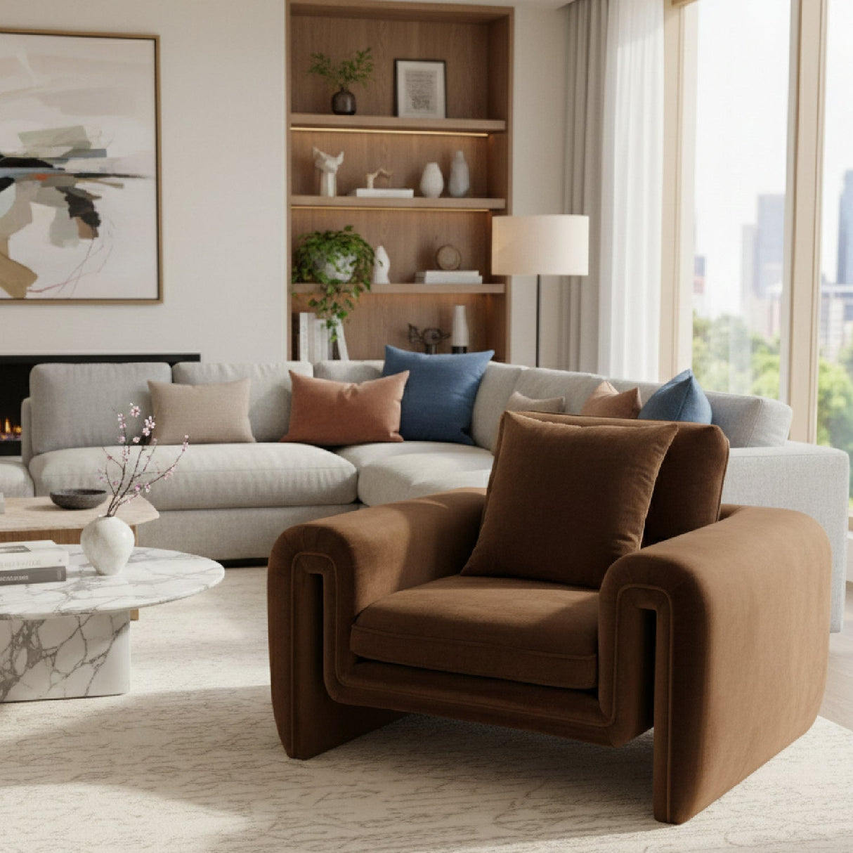 Brown Velvet Lounge Chair – Bentley – angled view