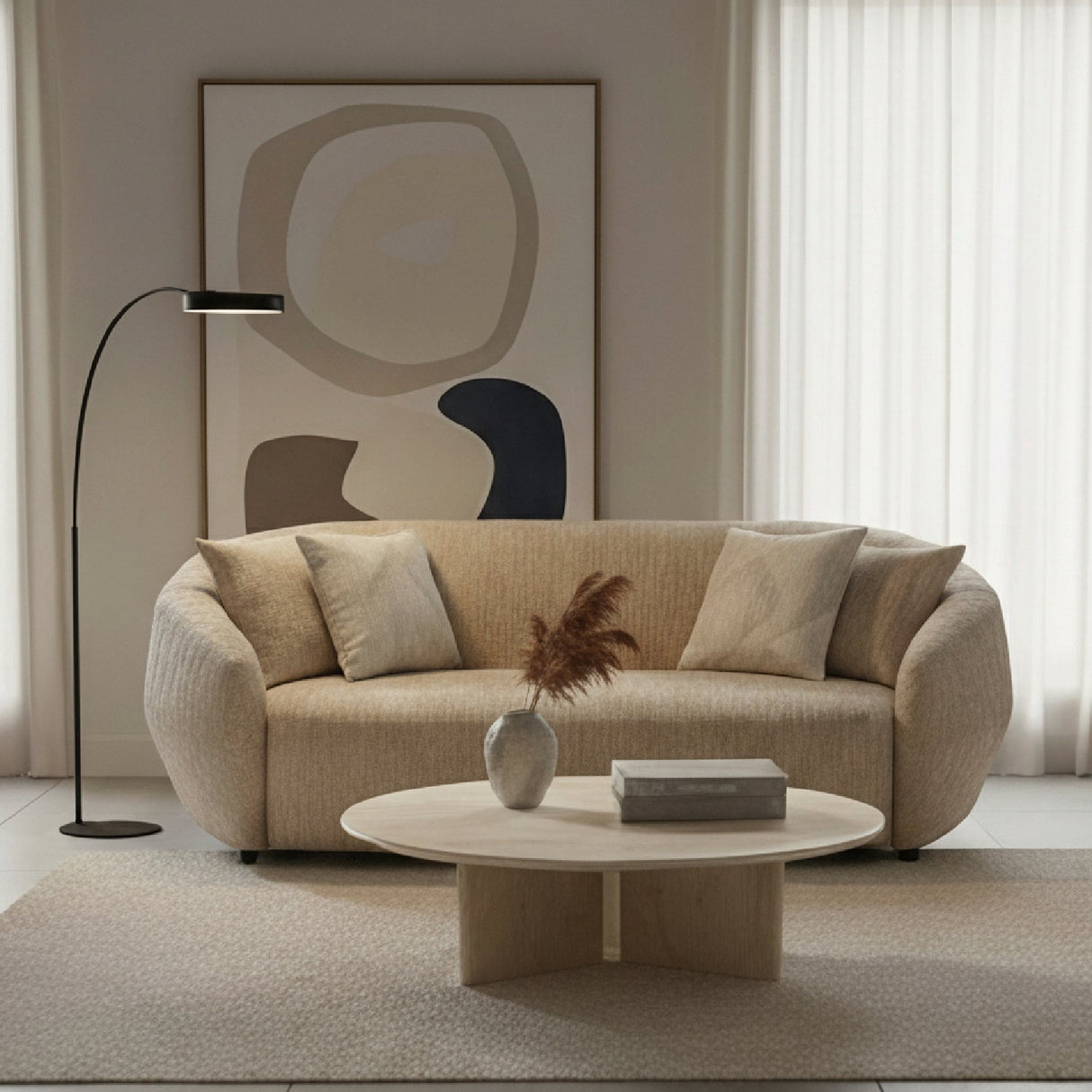 3 Seater Beige Fabric Sofa – Belinda – angled view