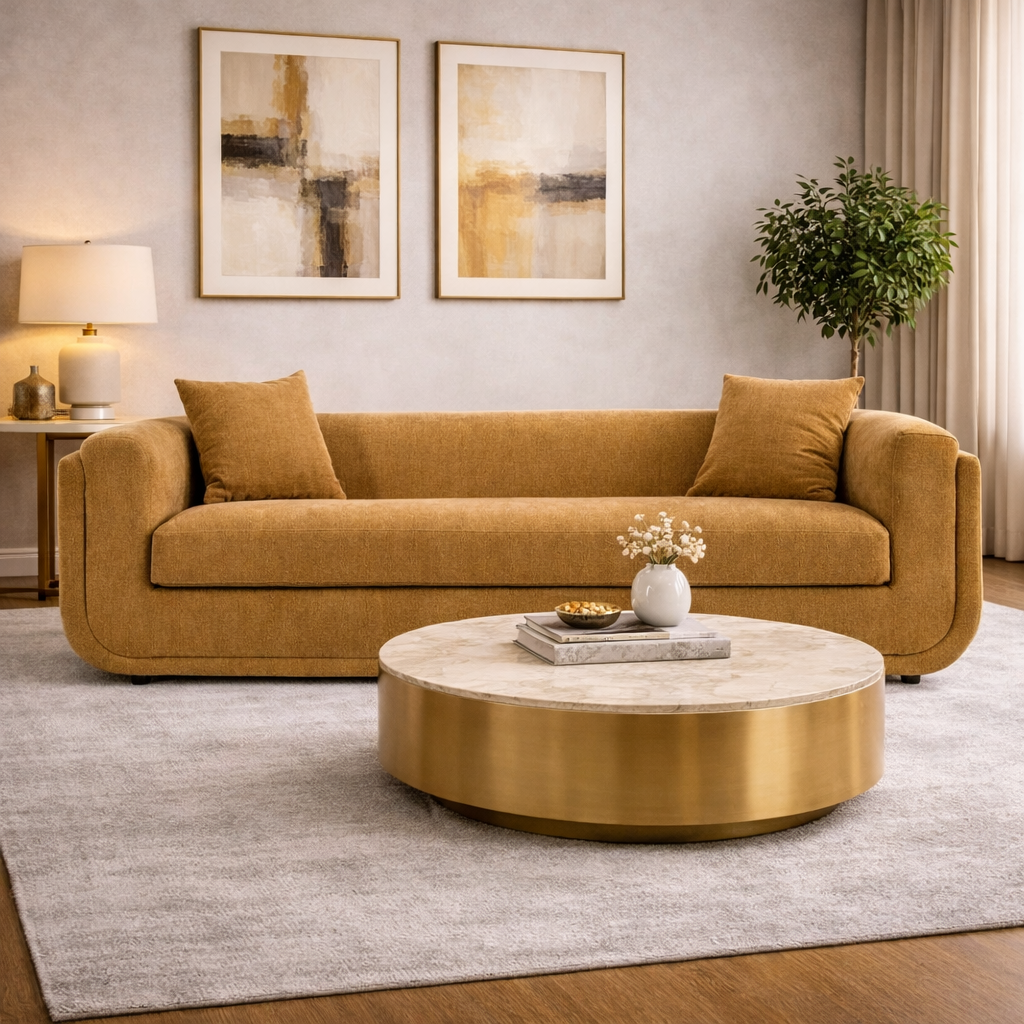 Orange Fabric Sofa – Tiene – angled view