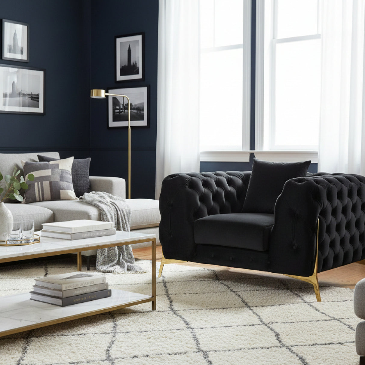 Button-Tufted Velvet Lounge Chair – Clarice – angled view