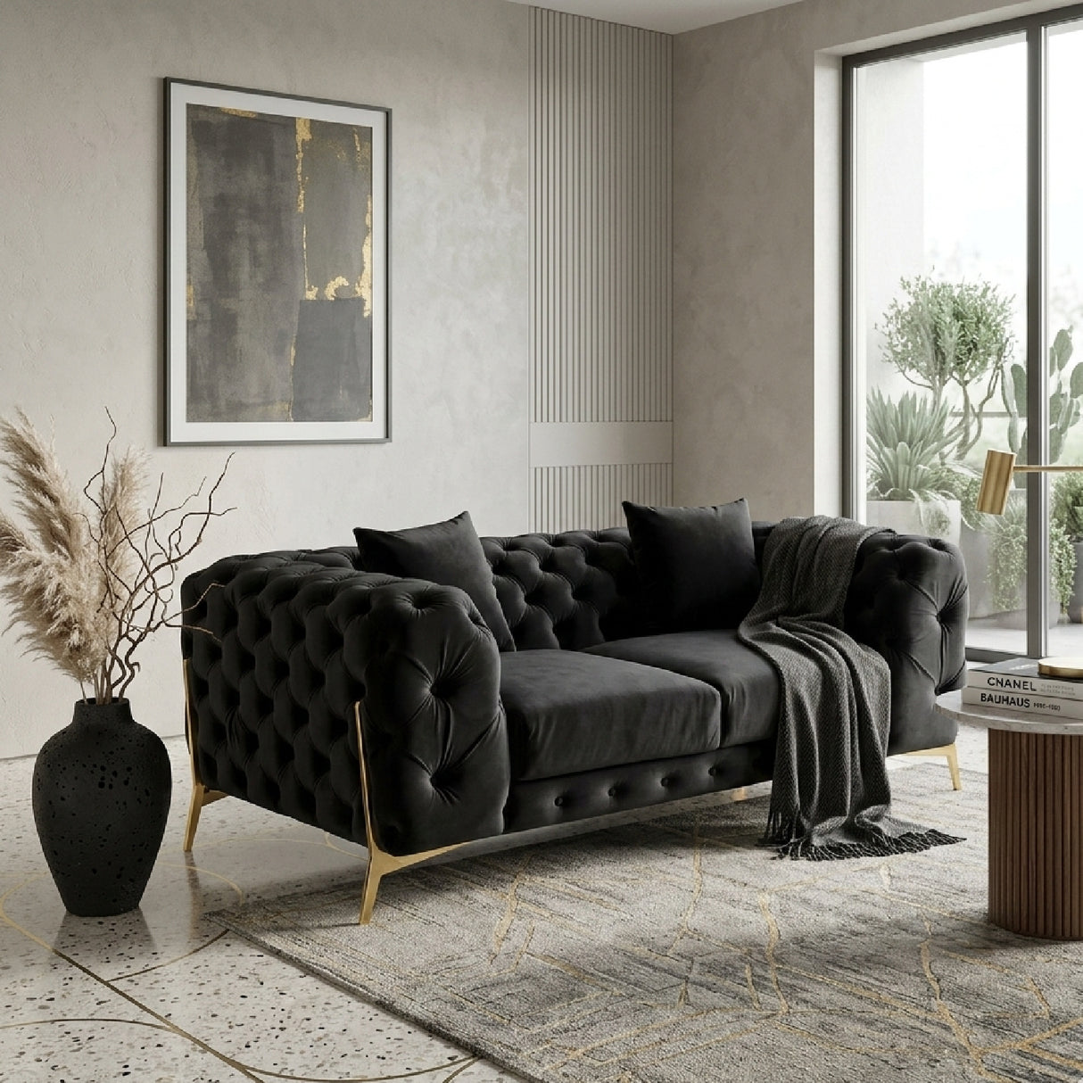Button-Tufted Velvet Loveseat – Clarice – angled view