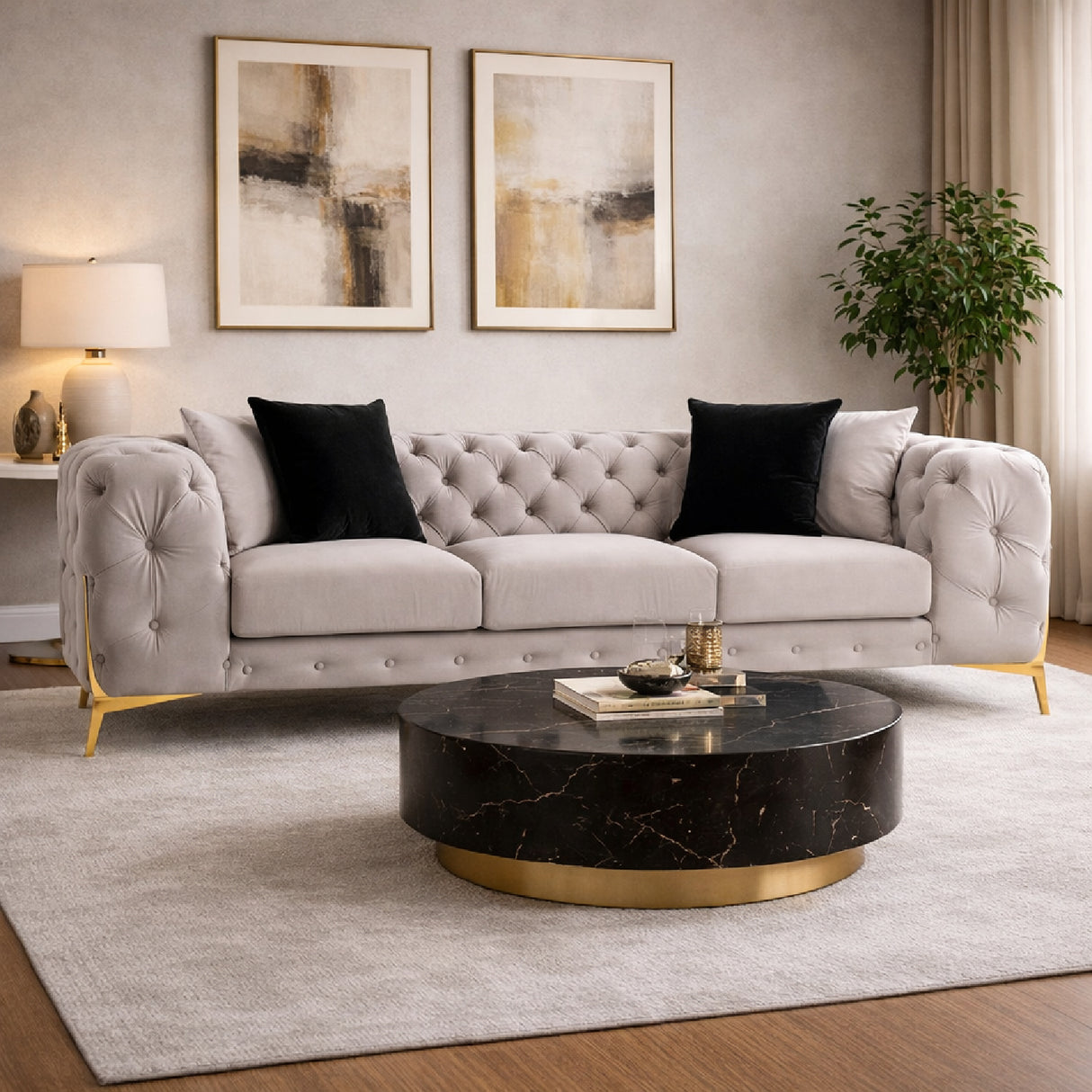Button-Tufted Velvet Sofa – Clarice – angled view