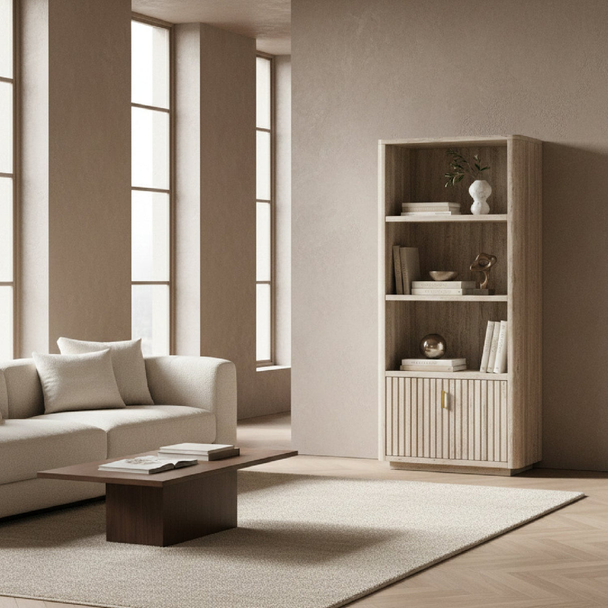 Travertine Vertical Bookcase – Roma – angled view