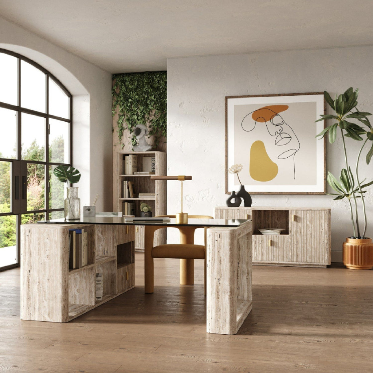 Travertine Style Reversible Desk – Roma – angled view