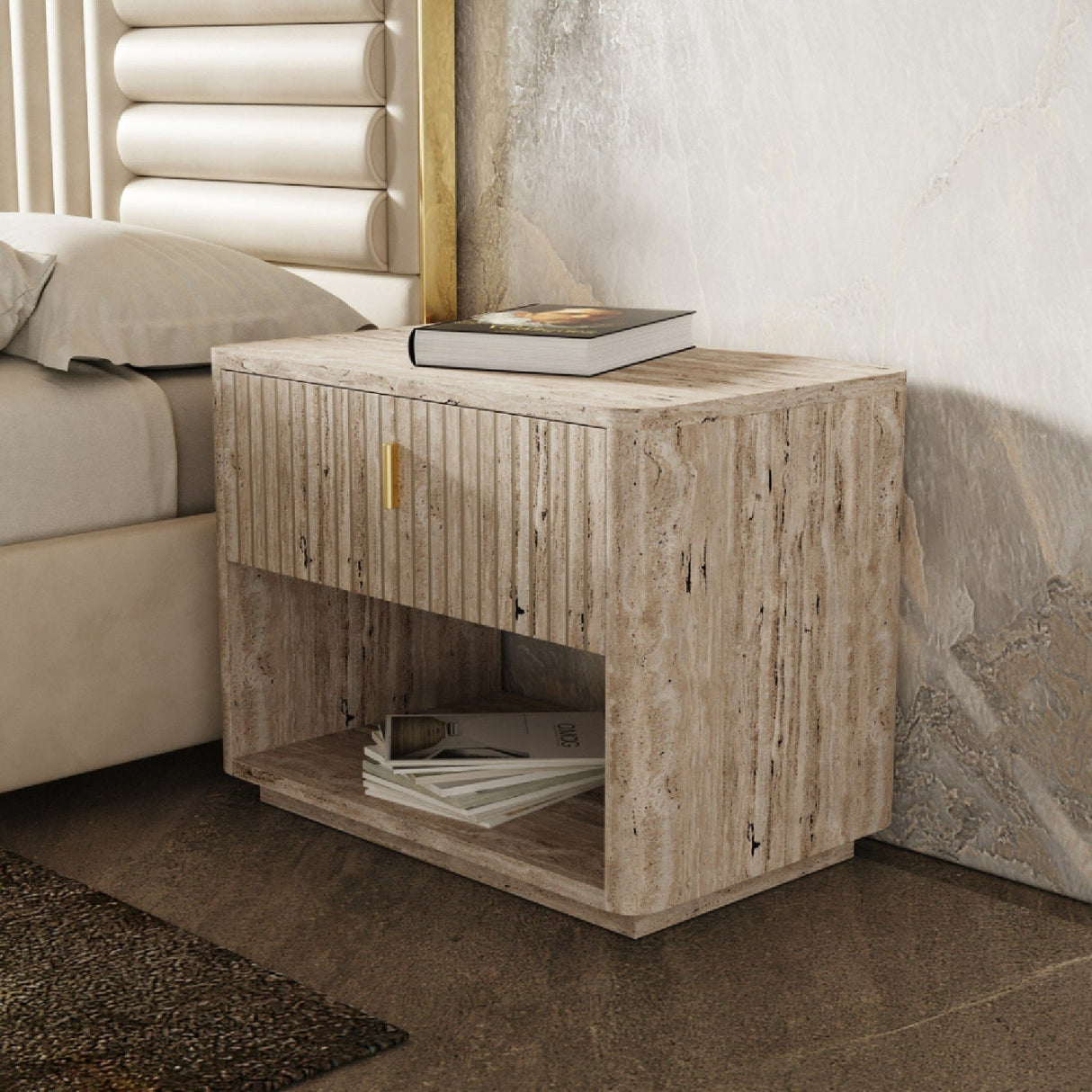 Travertine Inspired 1-Drawer Nightstand – Roma – angled view