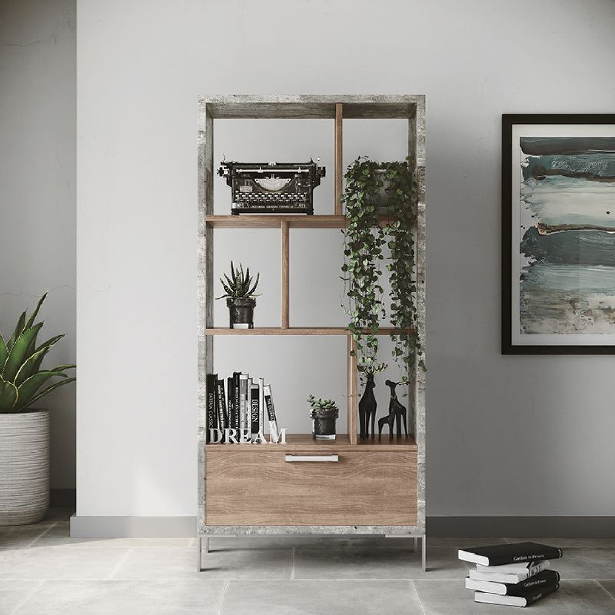 Brown Oak & Concrete Bookcase | OROA Modern Boston