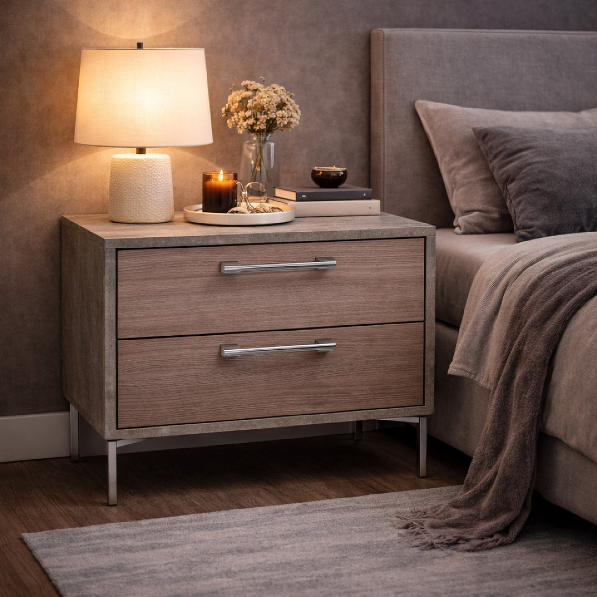 Brown Oak 2-Drawer Nightstand – Boston – angled view