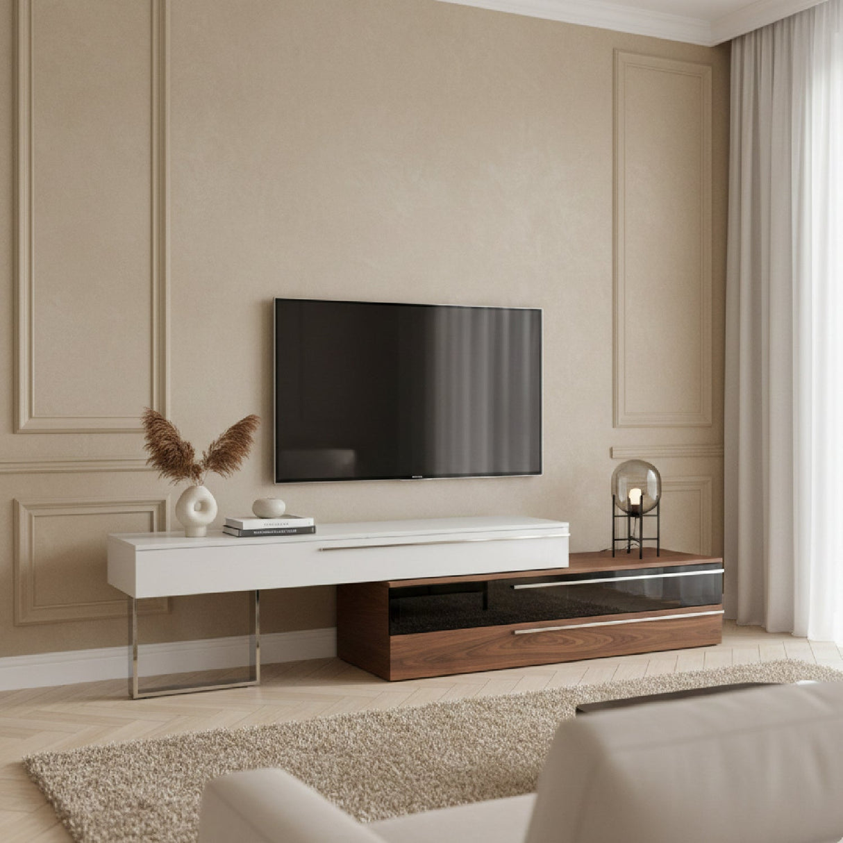 White & Walnut TV Stand – Karlstad – angled view