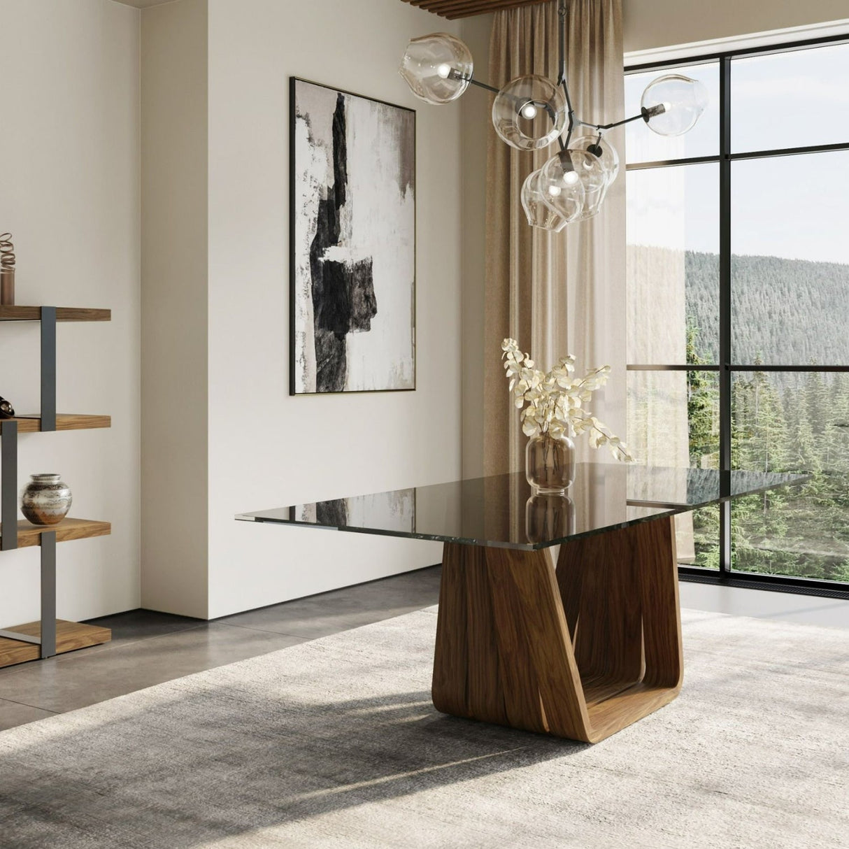 Gray Glass Dining Table – Solvang – angled view