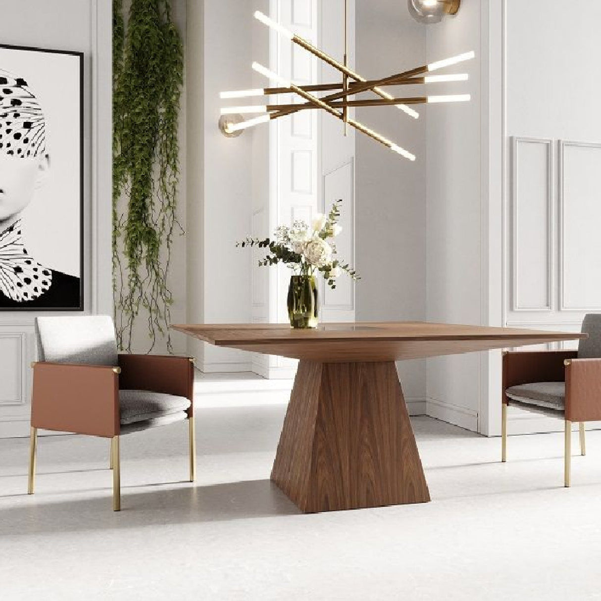 Pedestal Base Square Dining Table – Cora – angled view