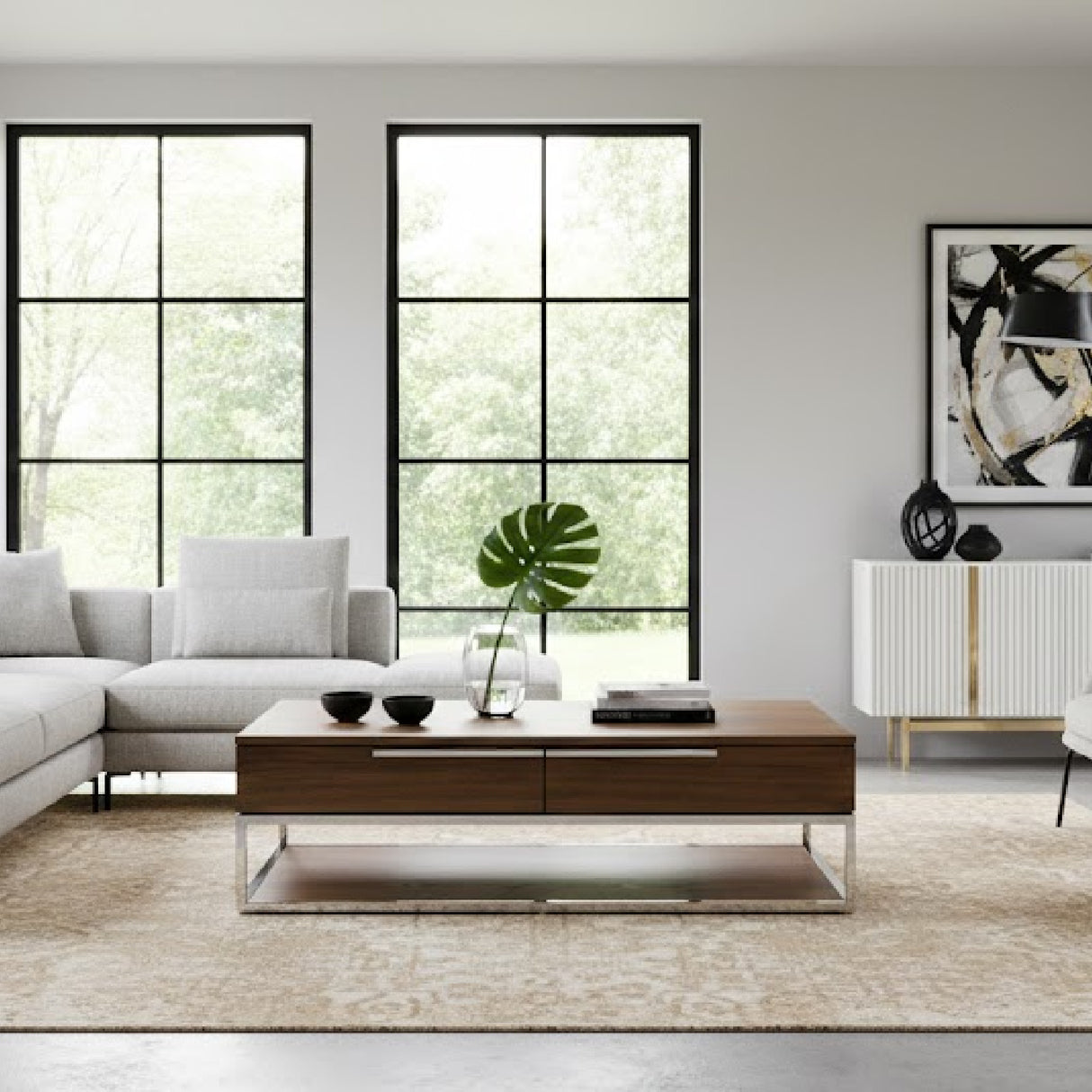 Walnut Veneer 2-Drawer Coffee Table – Heloise – angled view