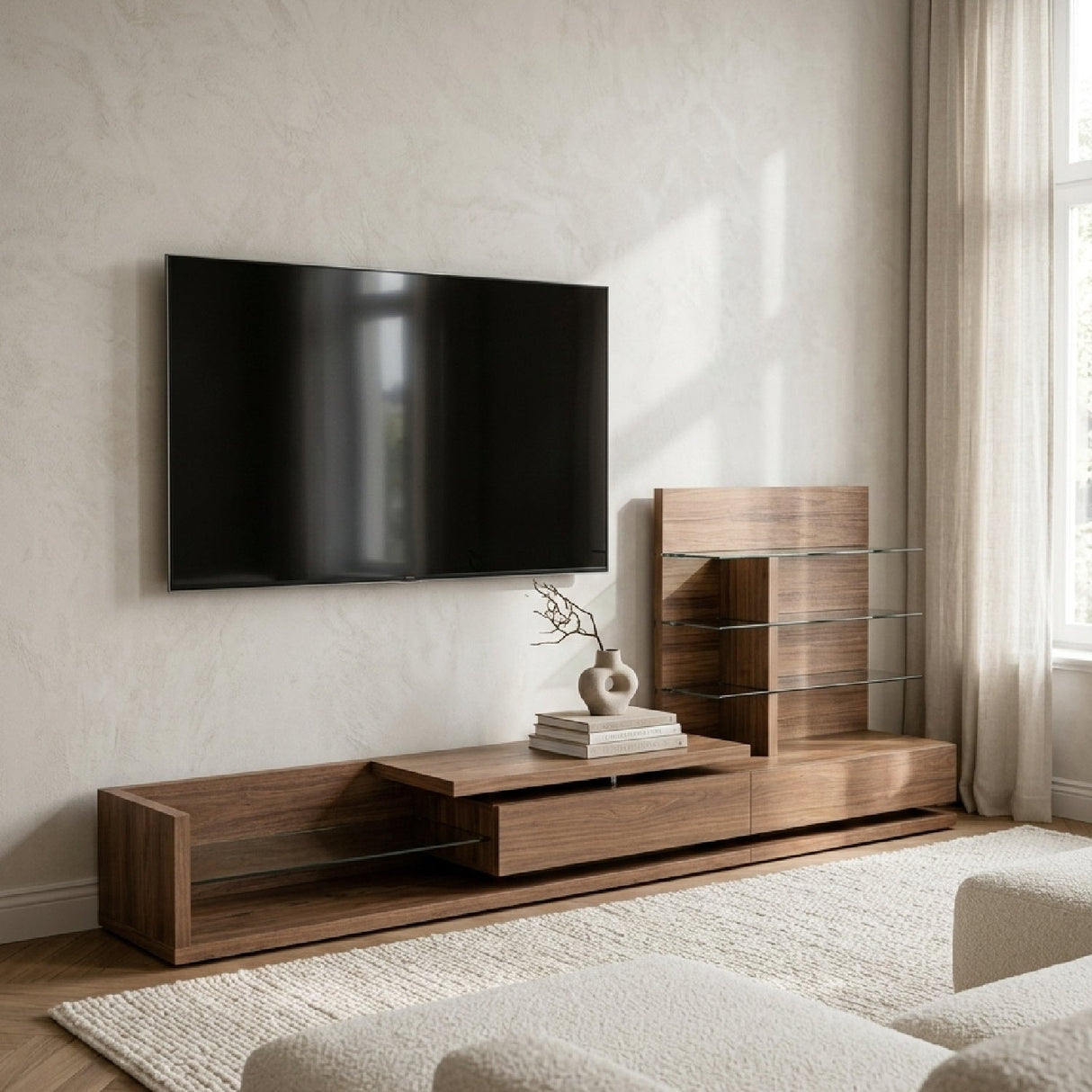 Walnut Veneer Reversible Entertainment Center – Jefferson – angled view