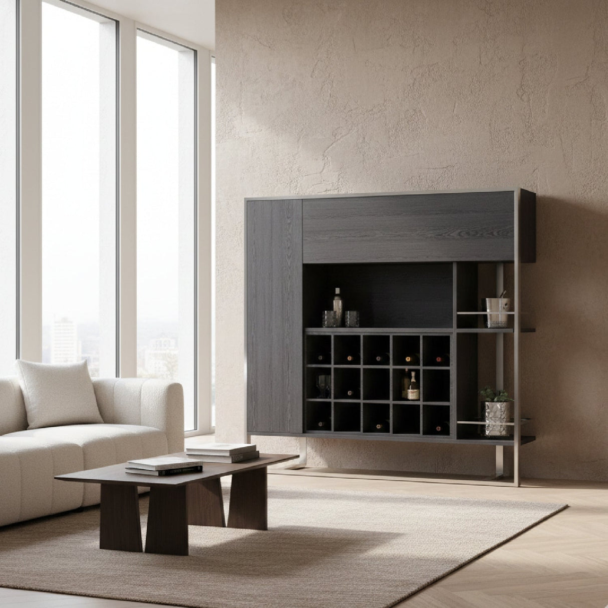 Gray Elm Wine Cabinet – Fauna – angled view