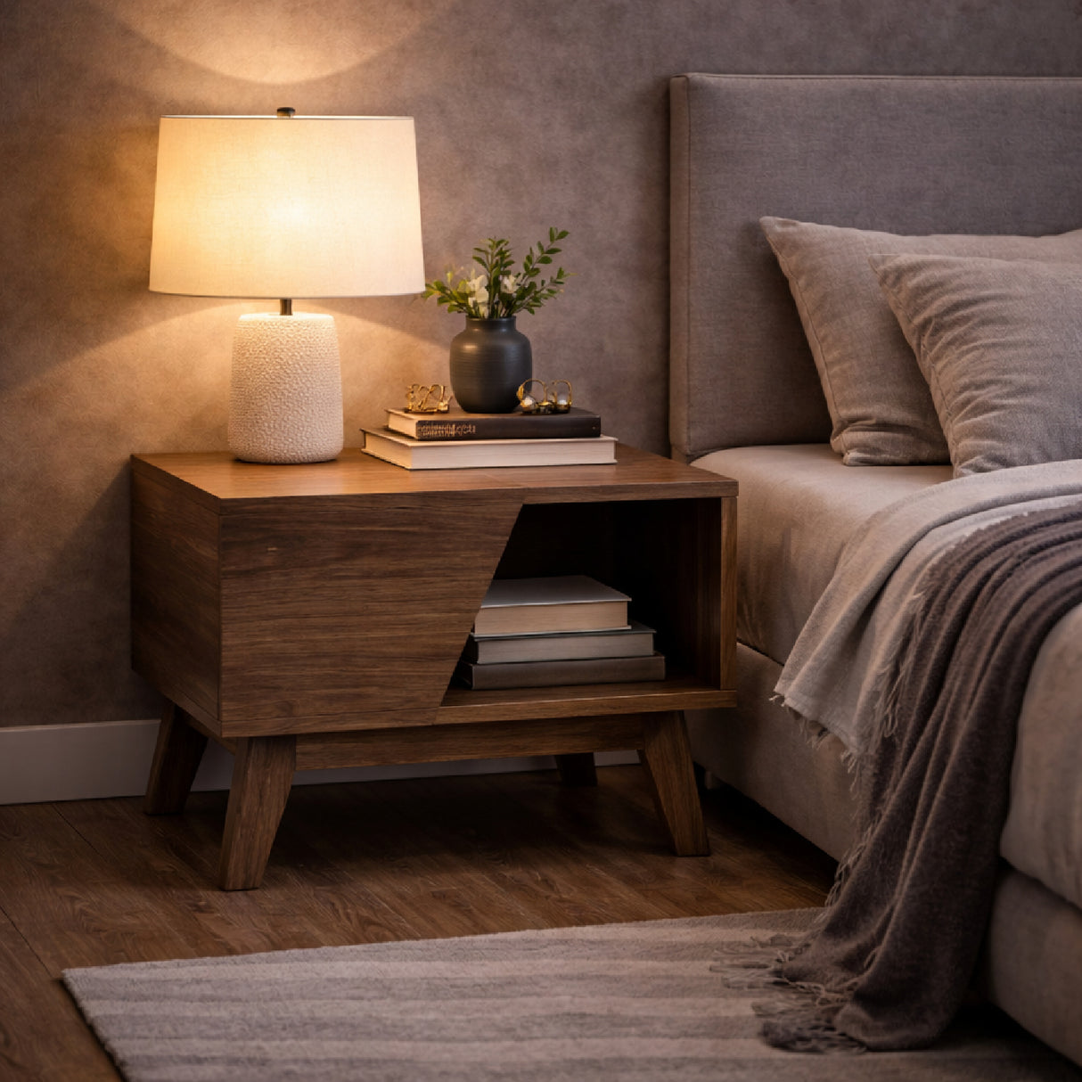 Solid Wood 1-Drawer Nightstand – Abelard – angled view
