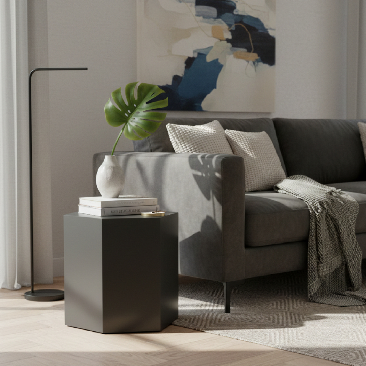 Hexagonal Gray End Table M – Newmont – angled view