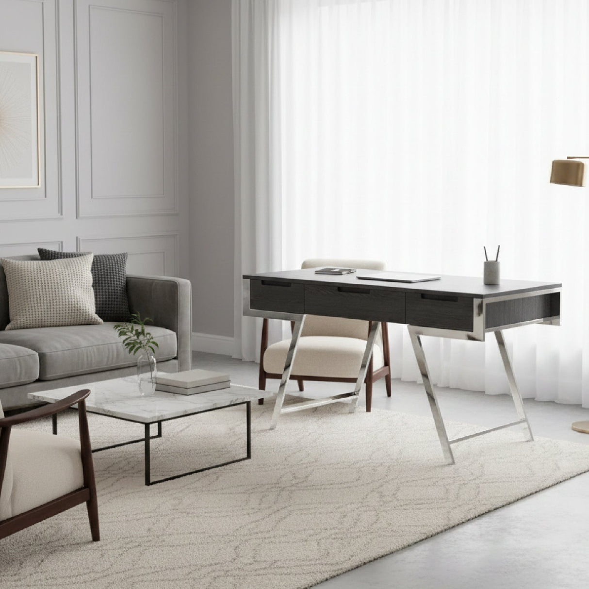 Gray Elm Office Desk – Dessart – angled view
