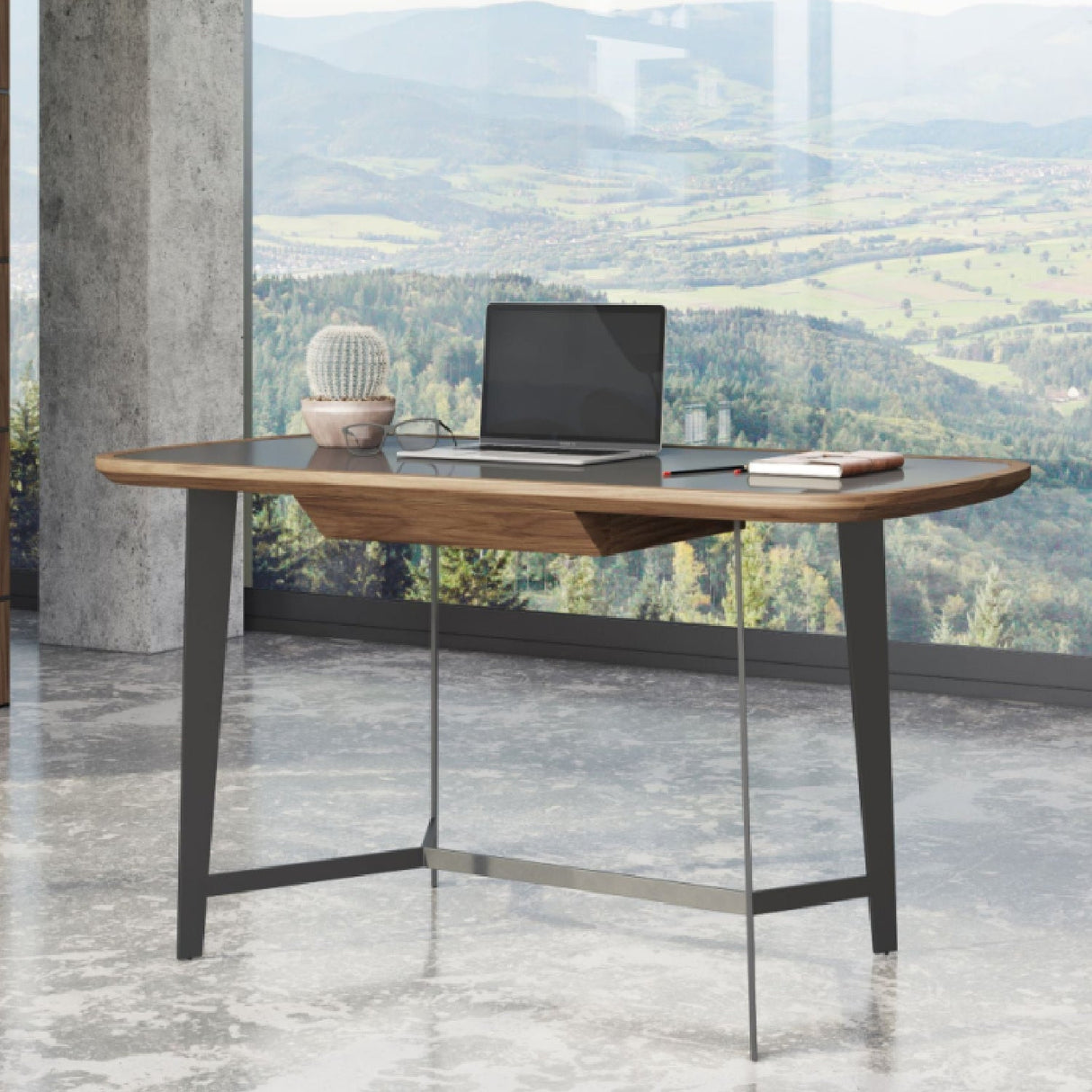 Black Glass 1-Drawer Desk – Girard – angled view