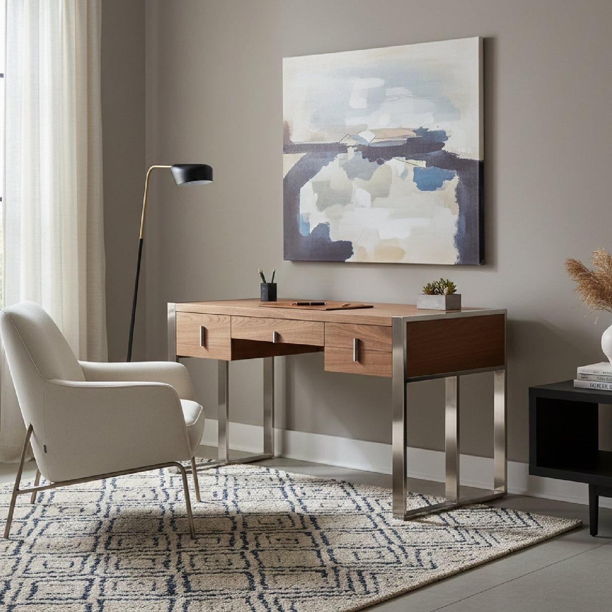 Walnut Veneer 4-Drawer Desk – Orcutt – angled view