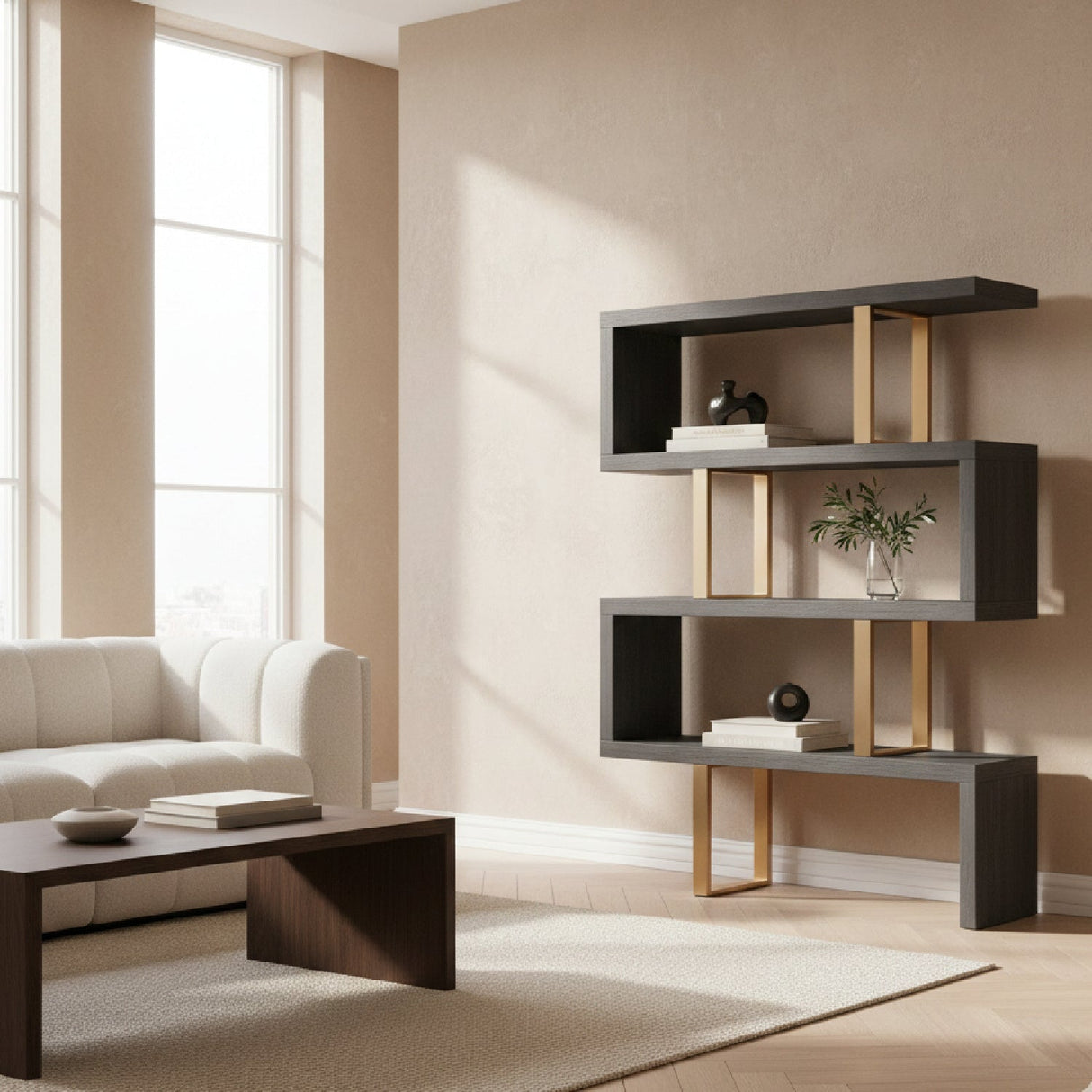 Gray Elm Bookcase – Maze – angled view