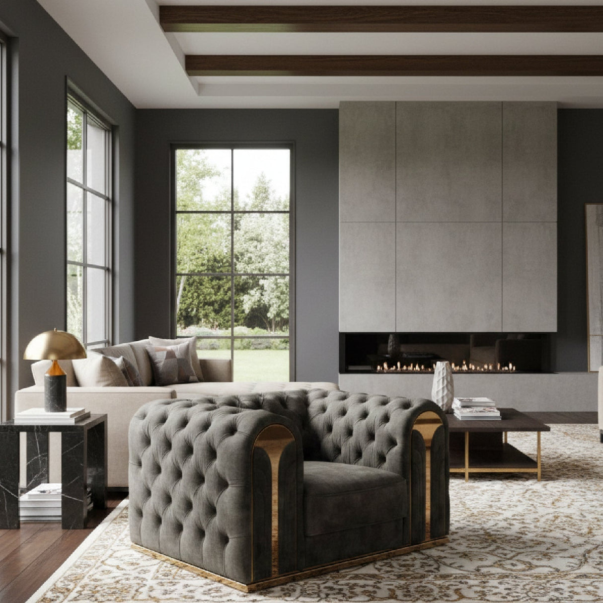 Gray Velvet Tufted Lounge Chair – Dosie – angled view