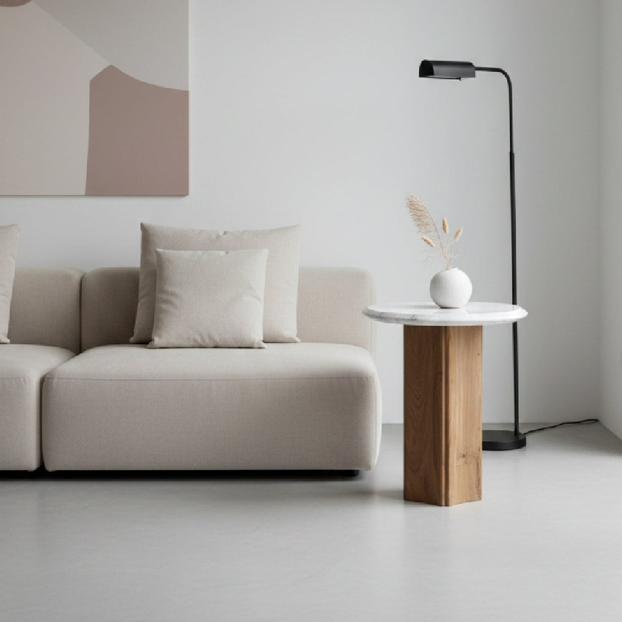 White Round Marble End Table – Dillinger – angled view