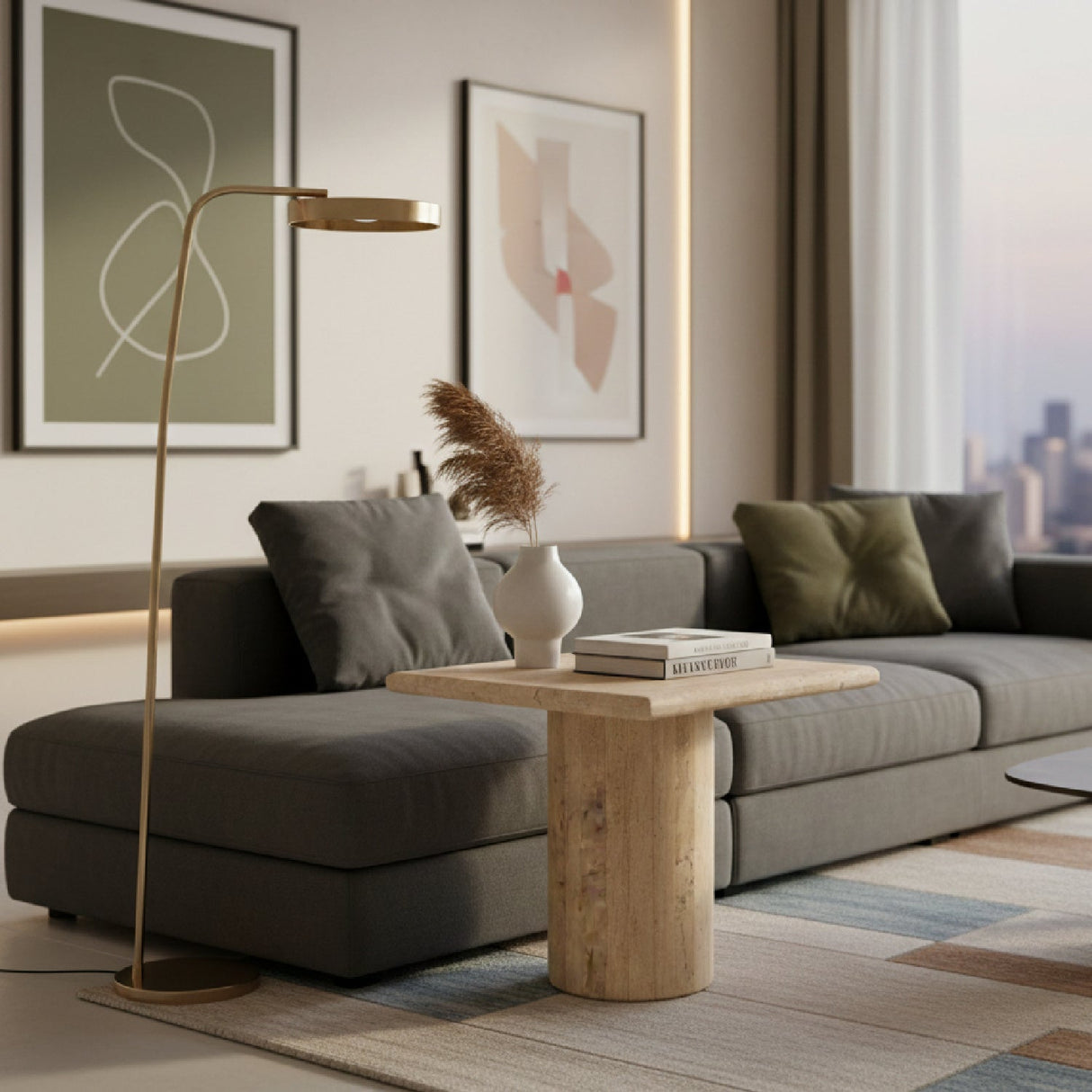 Travertine Square Tall End Table – Fletcher – angled view