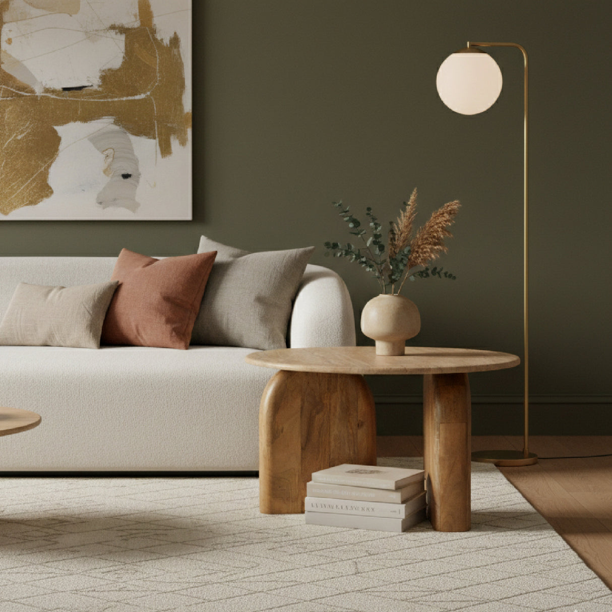 Round Travertine Marble End Table – Kellison – angled view