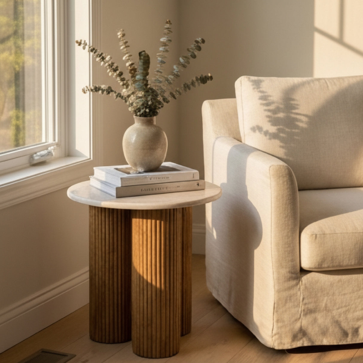 Marble Round End Table – Hayden – angled view