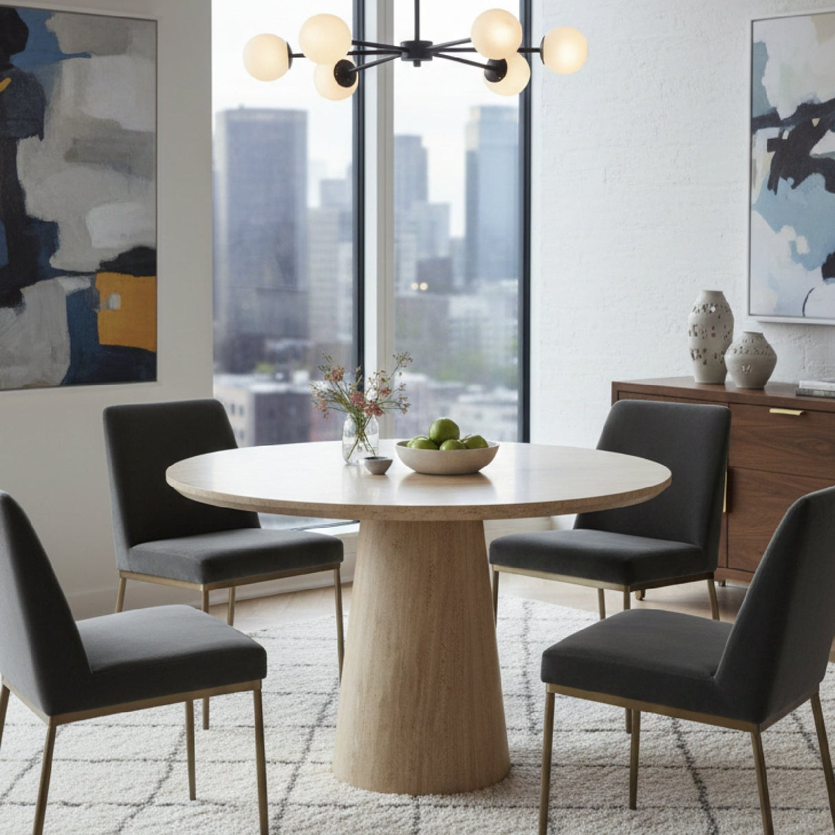 Travertine Round Dining Table – Velma – angled view