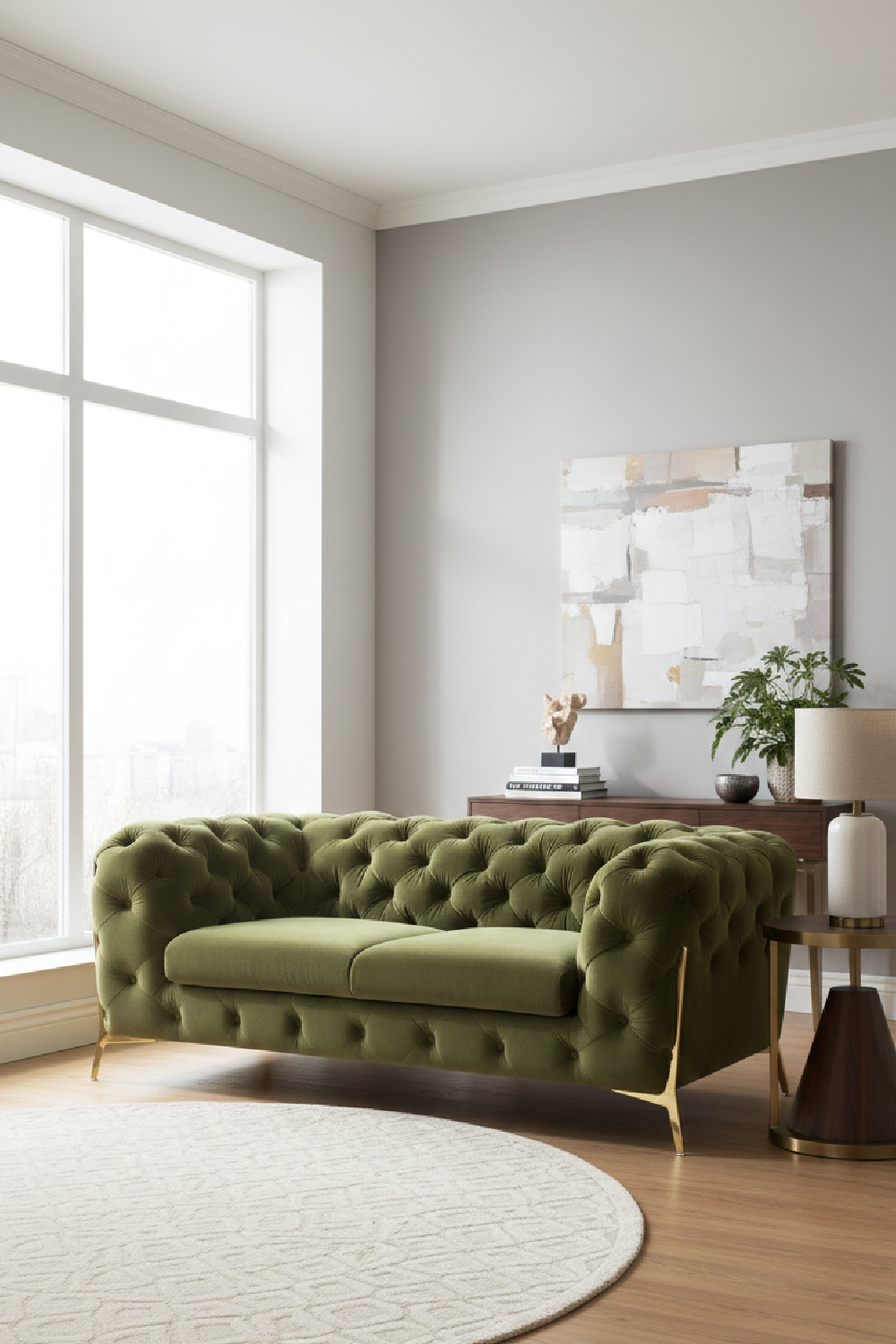 Green Velvet Tufted Sofa – Sheila – angled view