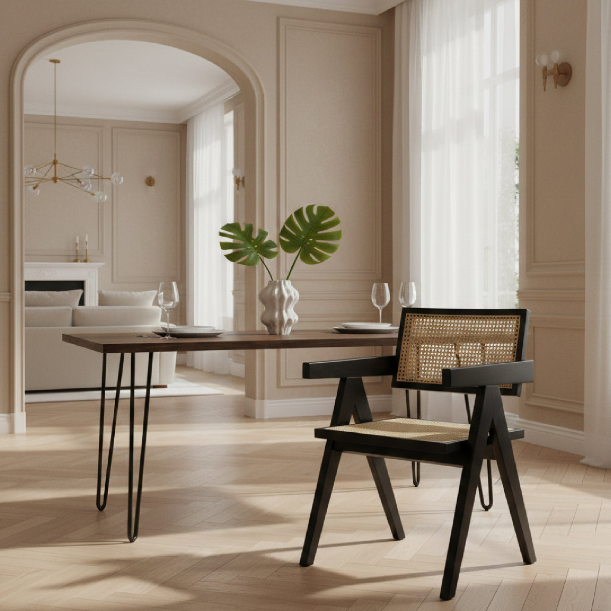 Black Framed Rattan Dining Armchair – Aurora – angled view