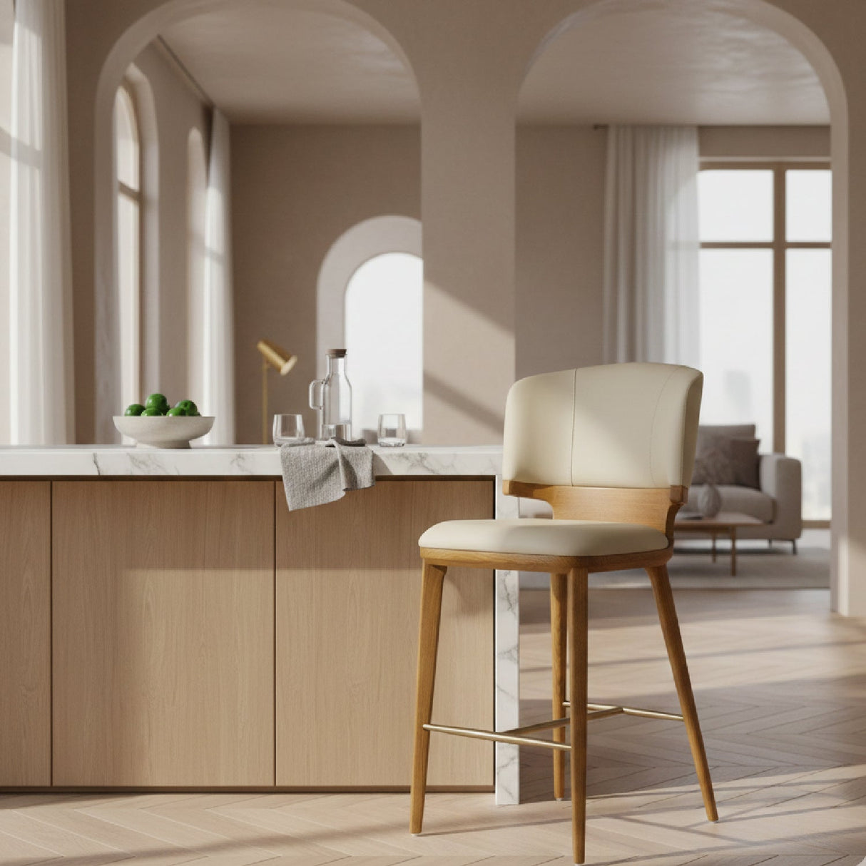 Beige Vegan Leather Counter Chair – Calvary – angled view