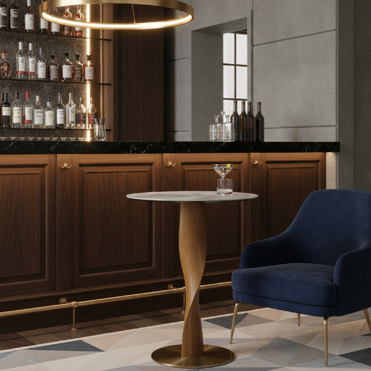 Marbled Ceramic Top Bar Table – Calvary – angled view