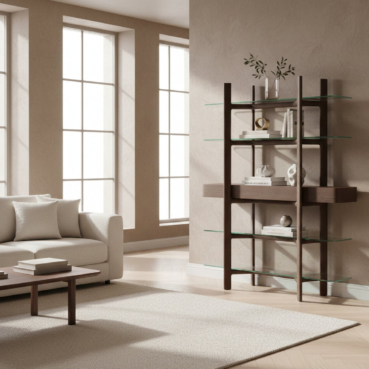 Gray Ash Glass Bookshelf – Rinaldi – angled view