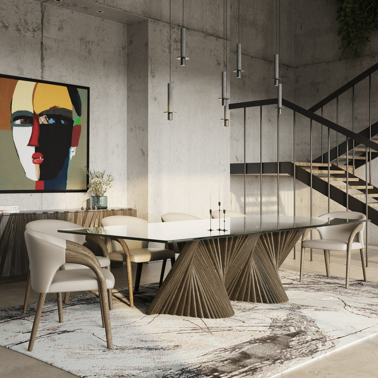 Gray Ash Base Dining Table – Byer – angled view