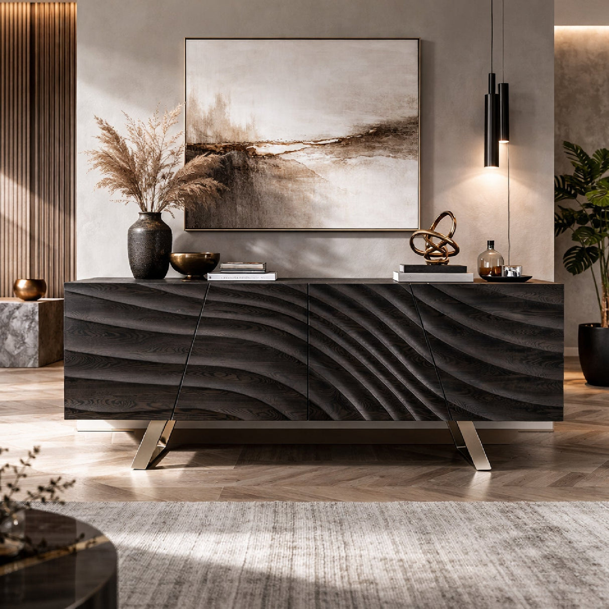 Wave Patterned Ash Sideboard – Finley – angled view