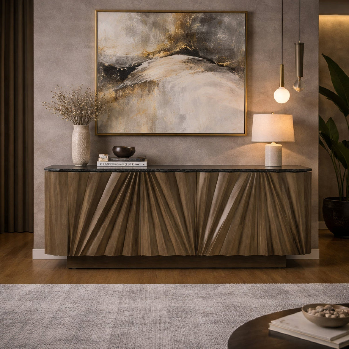 Gray Ash Wood Sideboard – Byer – angled view