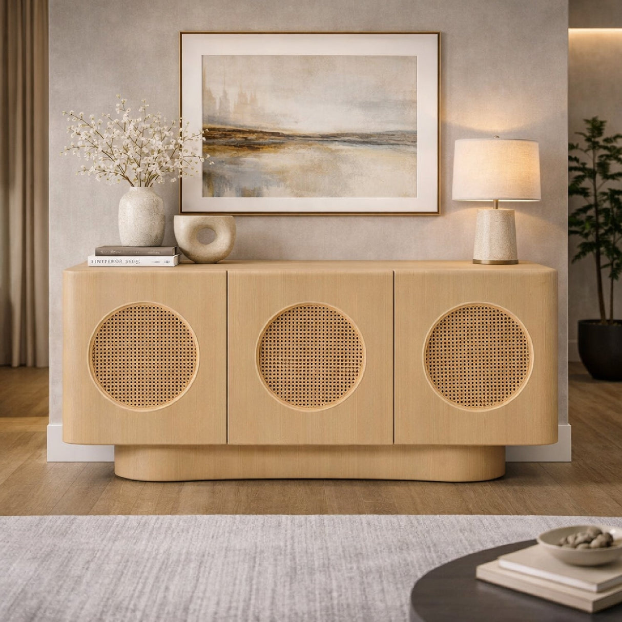 Natural Ash Rattan Sideboard – Osaka – angled view