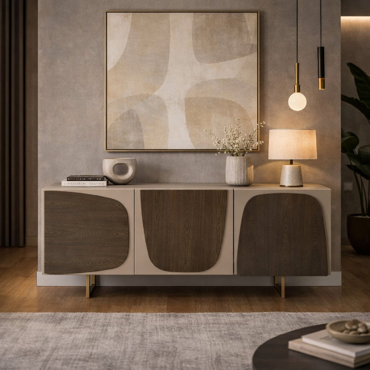 Gray Wooden 3-Door Sideboard – Wynetta – angled view