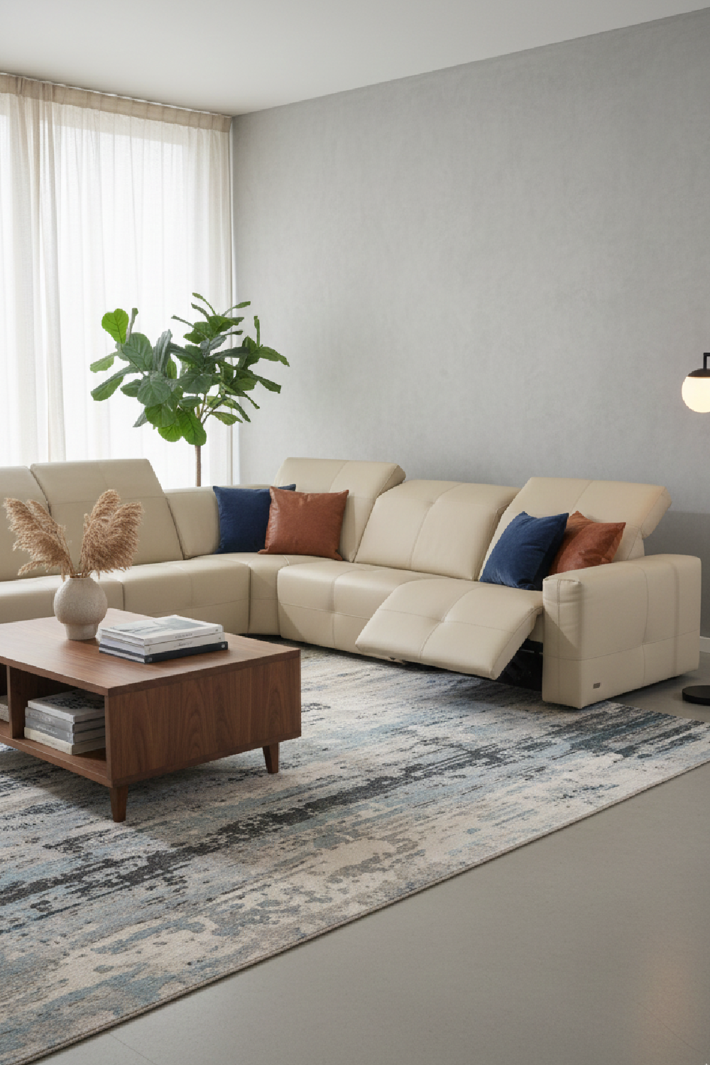 Cream Leather Recliner Sectional Sofa – Nizza – angled view