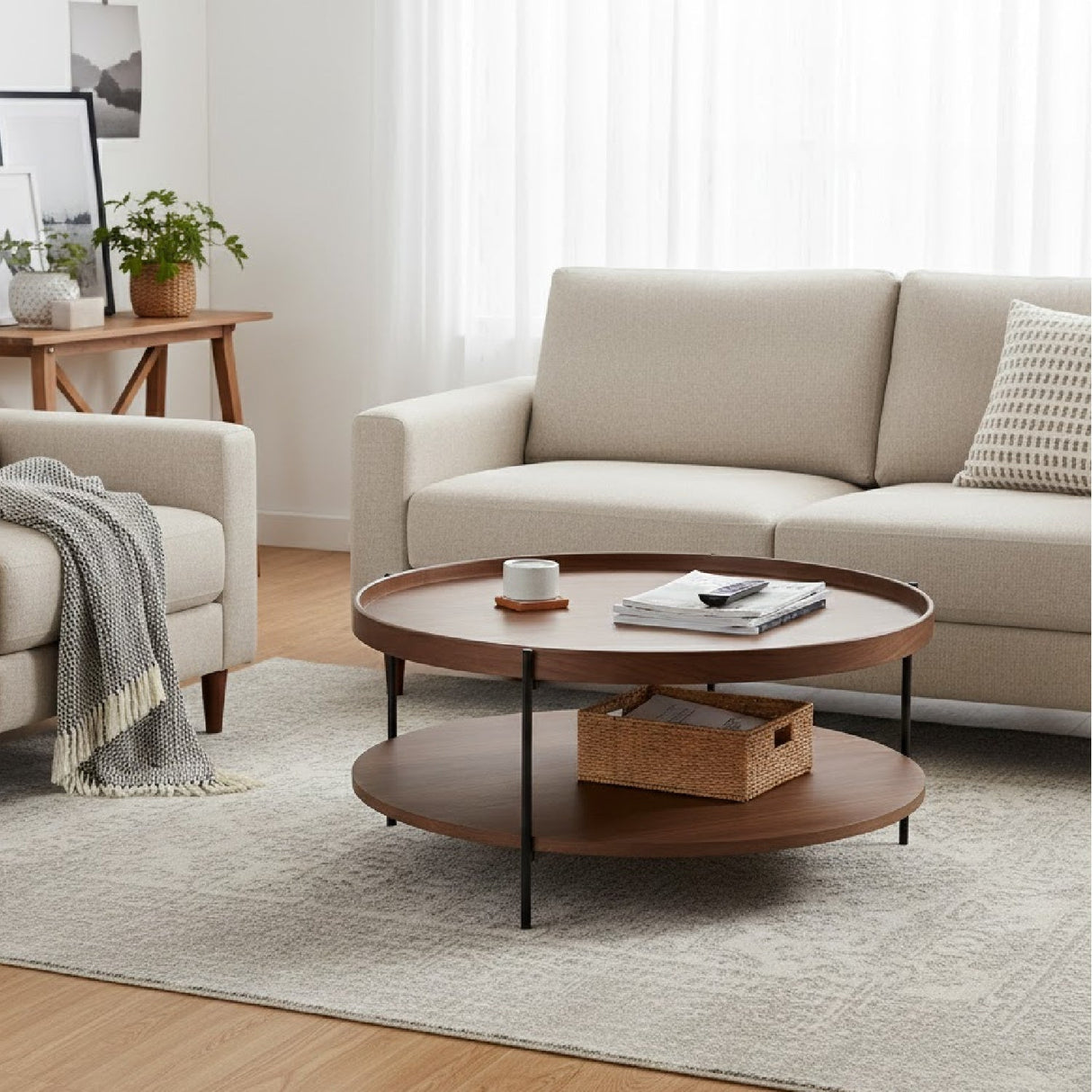 Round Wooden 2-Shelf Coffee Table – Savoy – angled view