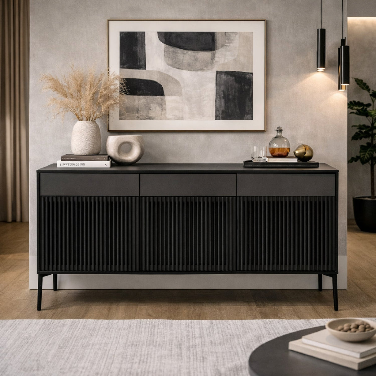 Black Oak Louvered Sideboard – Casper – angled view