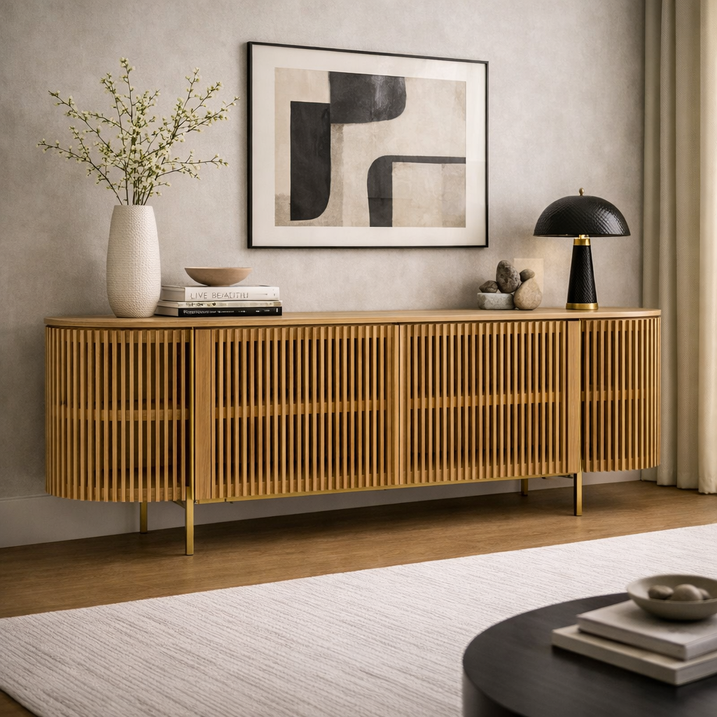 Slatted Natural Ash Sideboard – Sandy – angled view
