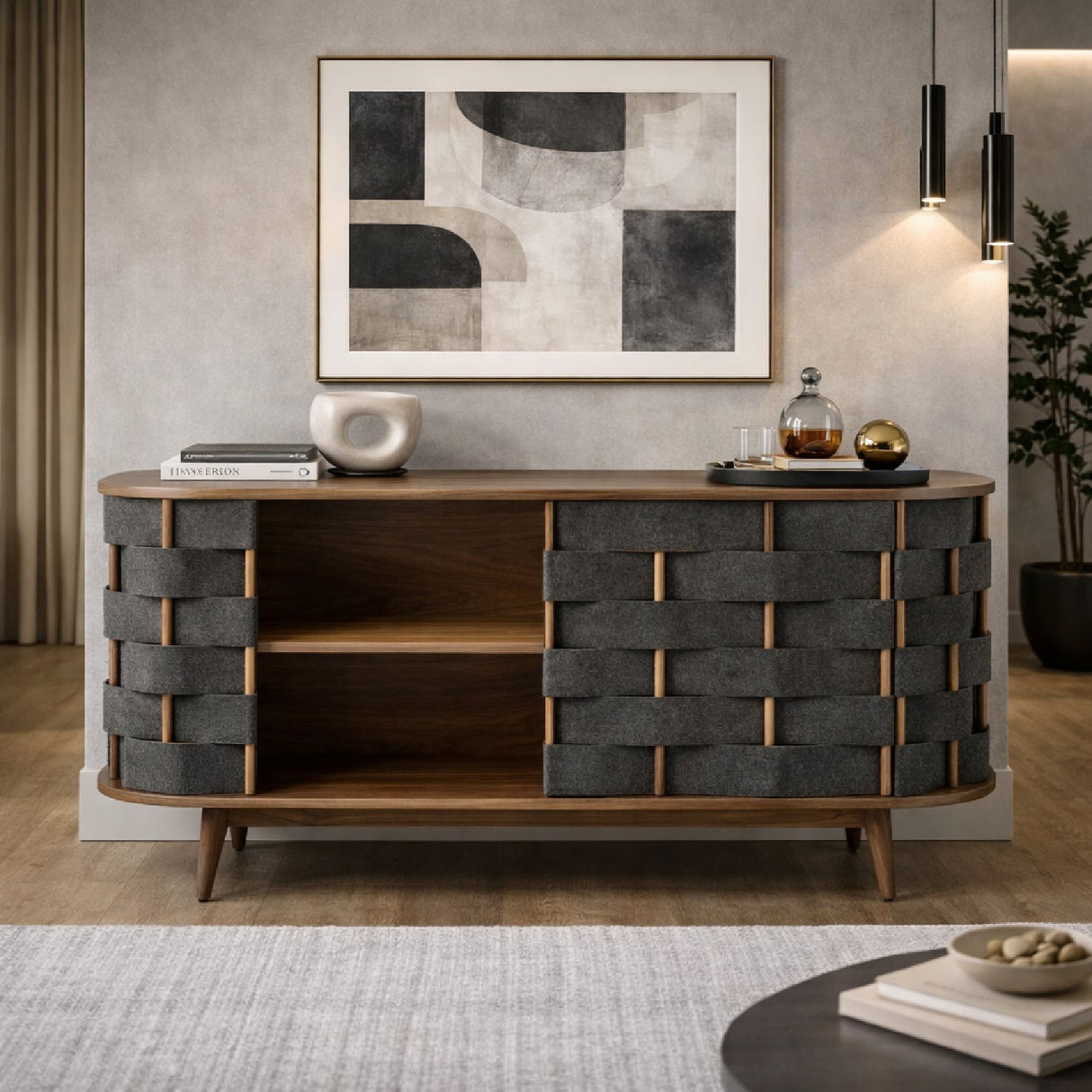 Gray Woven Fabric Sideboard – Sheridan – angled view