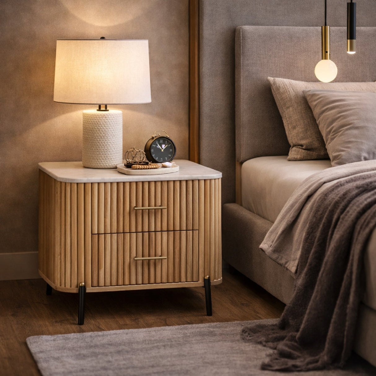 Varnished Mango Wood 2-Drawer Nightstand – Cambridge – angled view