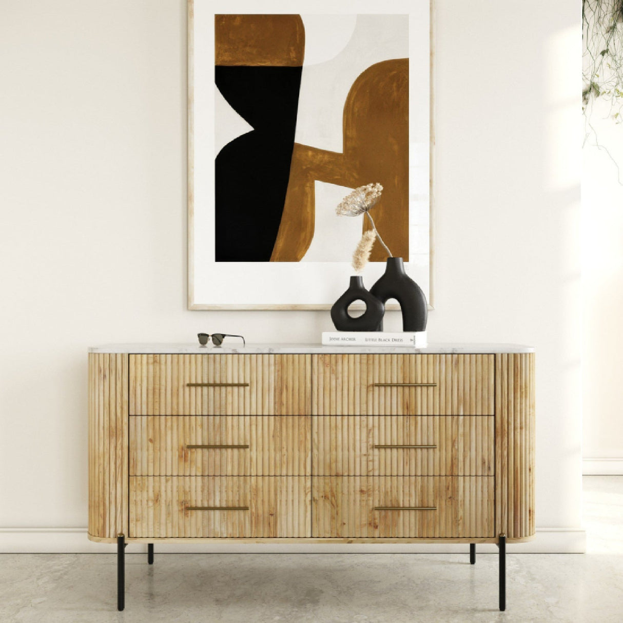 Fluted Mango Wood 6-Drawer Dresser – Cambridge – angled view