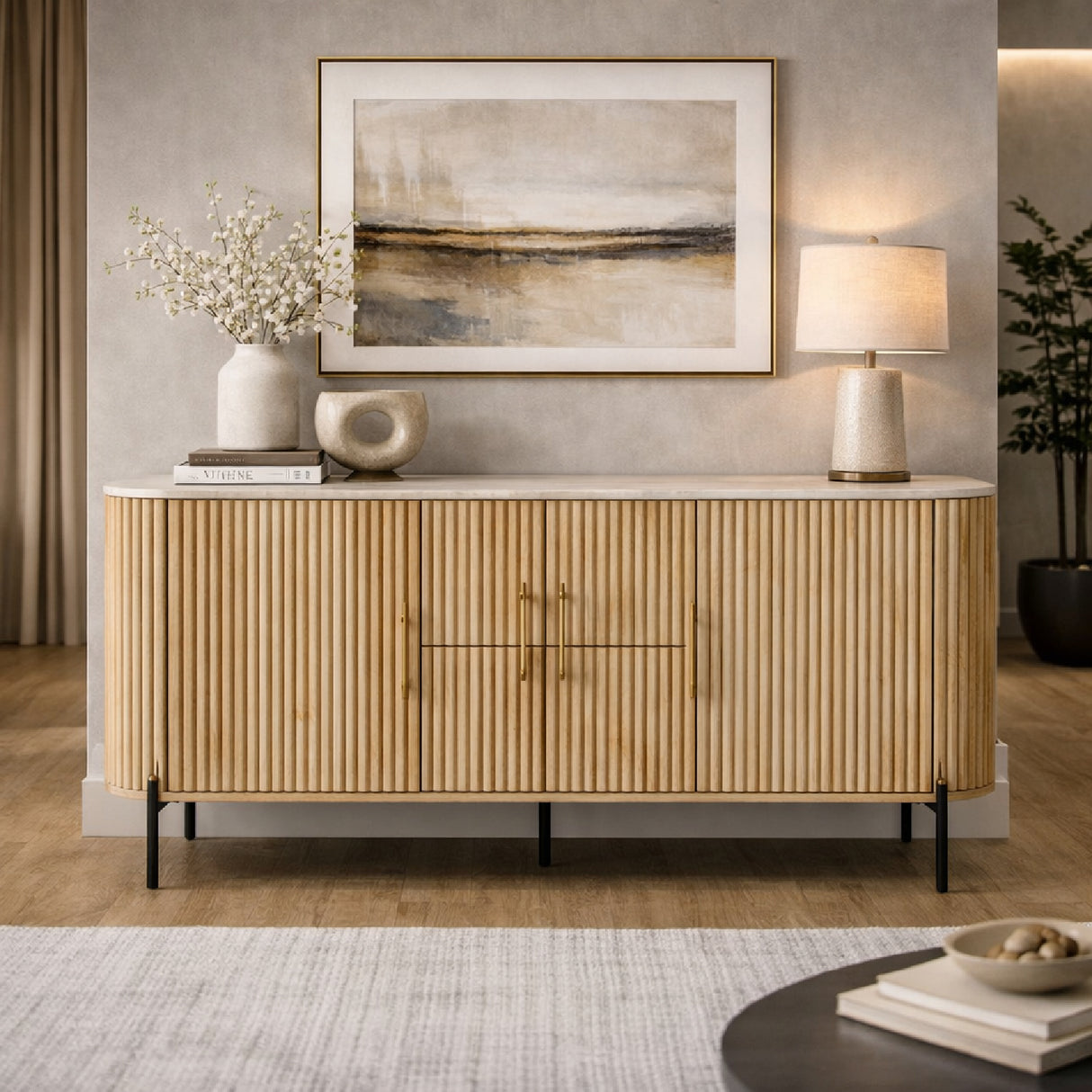 Fluted Mango Wood Sideboard – Cambridge – angled view