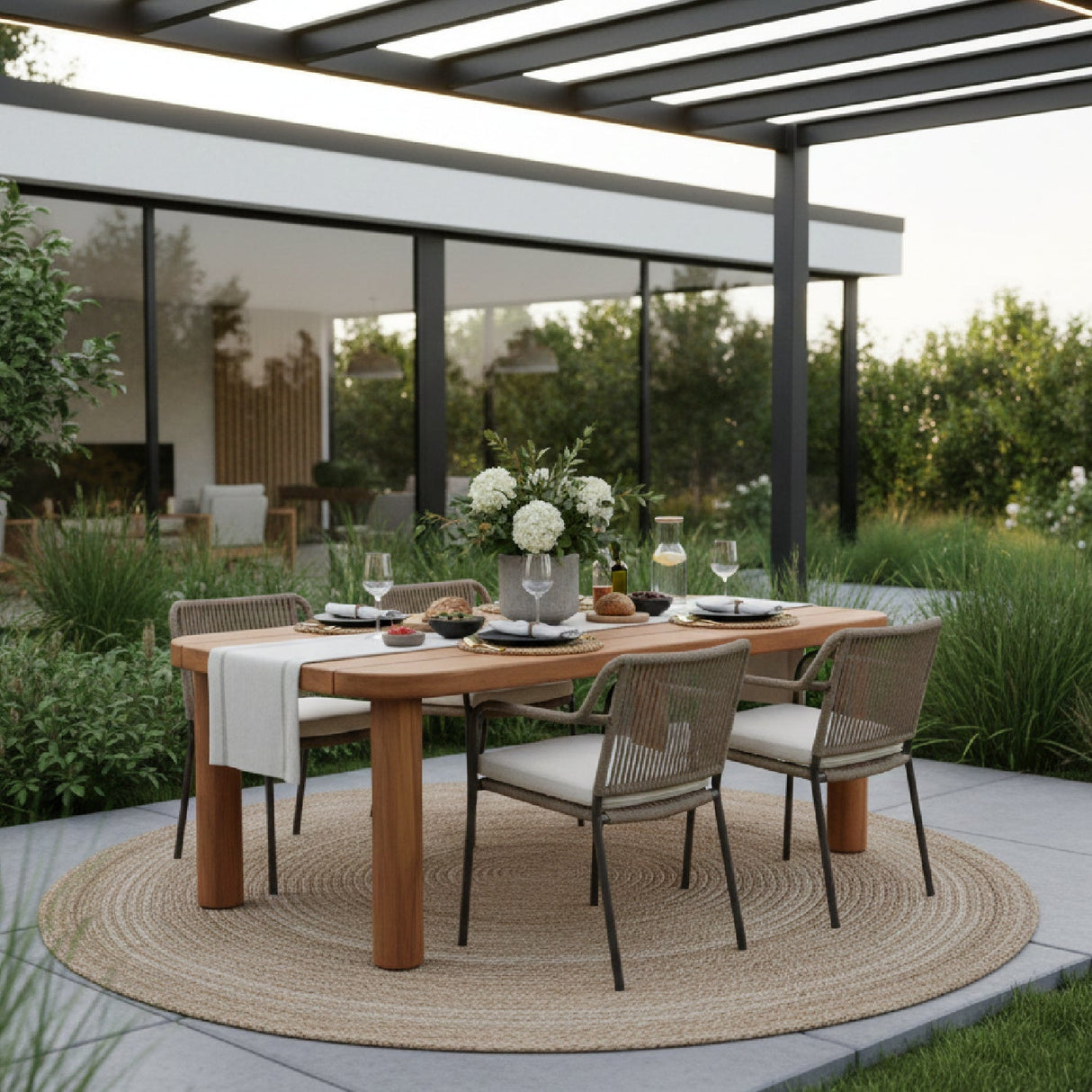 Outdoor Natural Teak Dining Table – Kamari – angled view