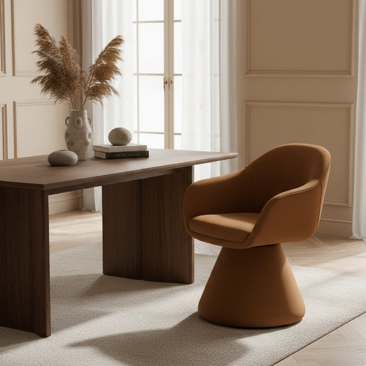 Brown Fabric Swivel Dining Chair – Risa – angled view