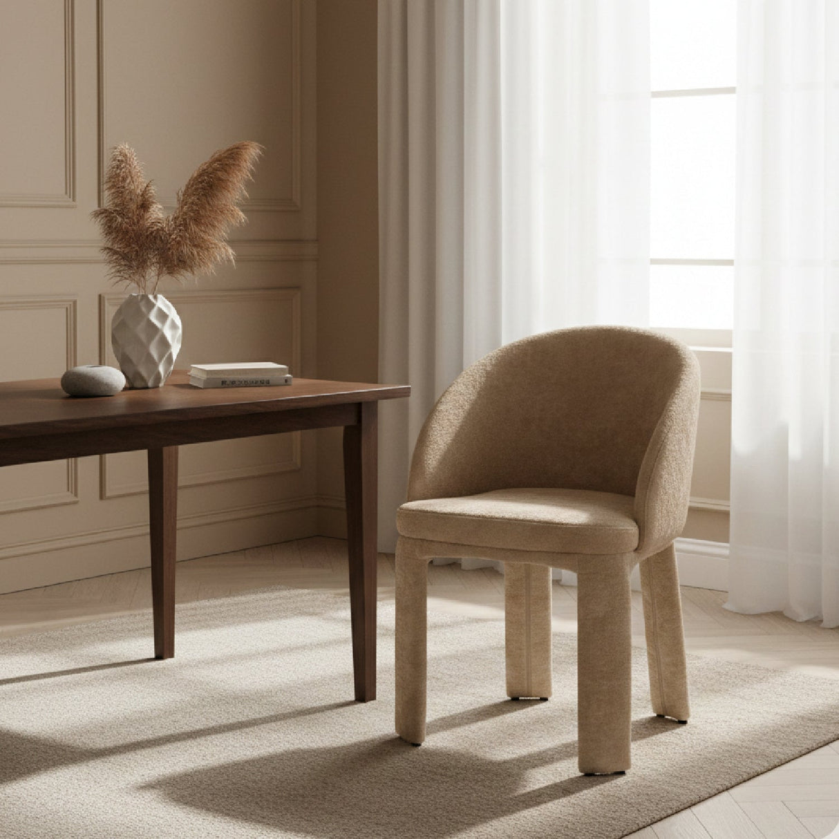 Beige Velvet Curved Dining Chair – Sarkis – angled view